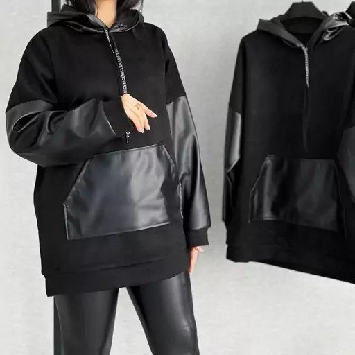 هودی زنانه آستین چرم