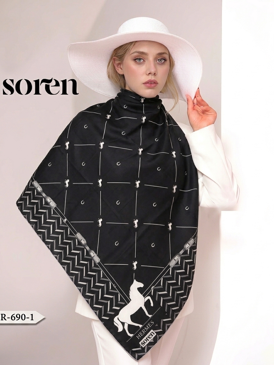 روسری مشکی و سفید سوپرنخ قواره ۱۴۰ دست دوز مارتاشاپ